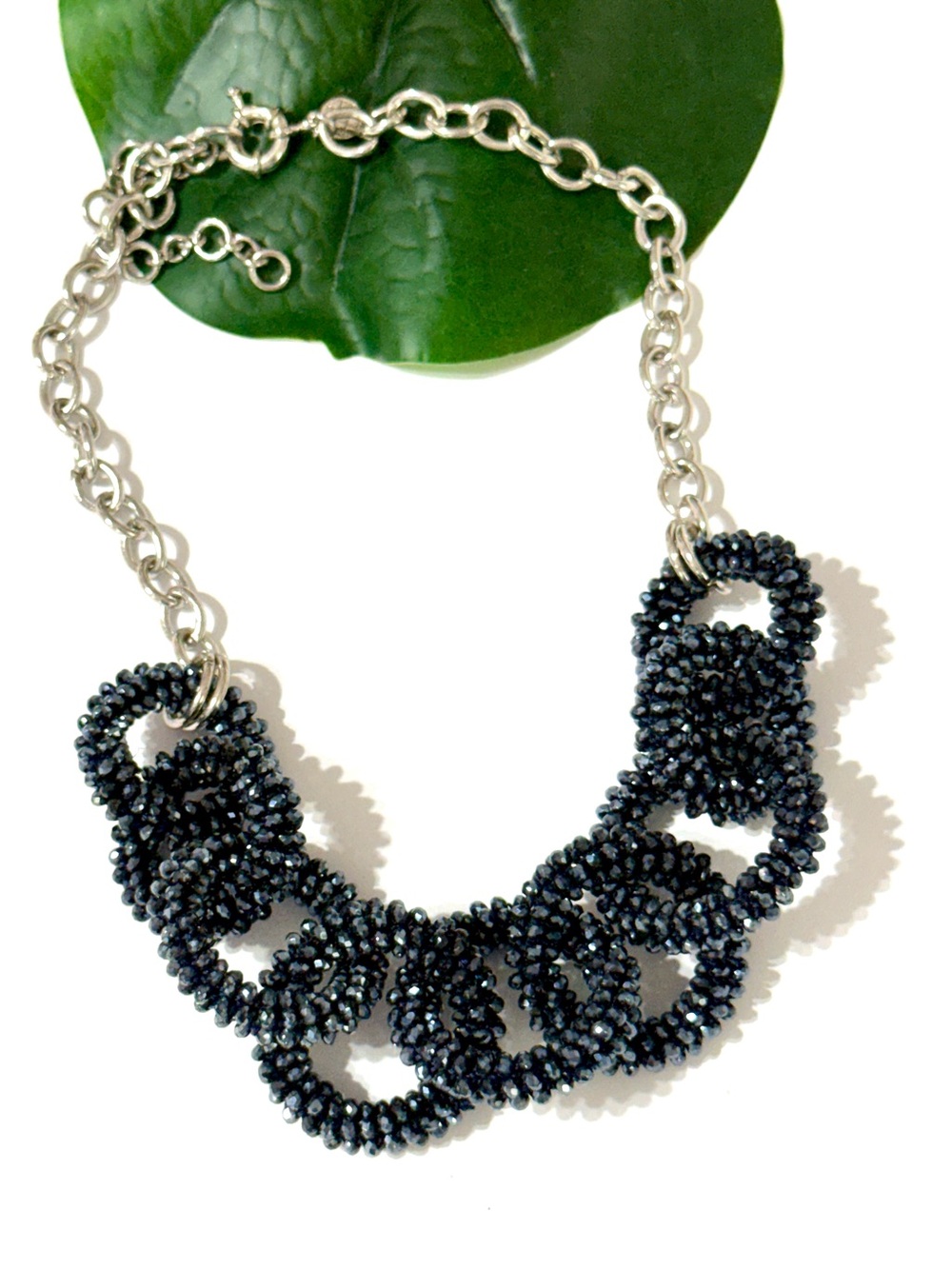 Talbots Navy Crystal Beaded Link Statement Necklace 18” EUC